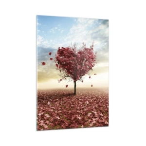 Cuadro sobre vidrio - Impresiones sobre Vidrio - Un árbol en forma de corazón contra un campo de hojas rojas. - 50x70cm - Amor de otoño - Decoración de pared moderna para salón y dormitorio ARTTOR