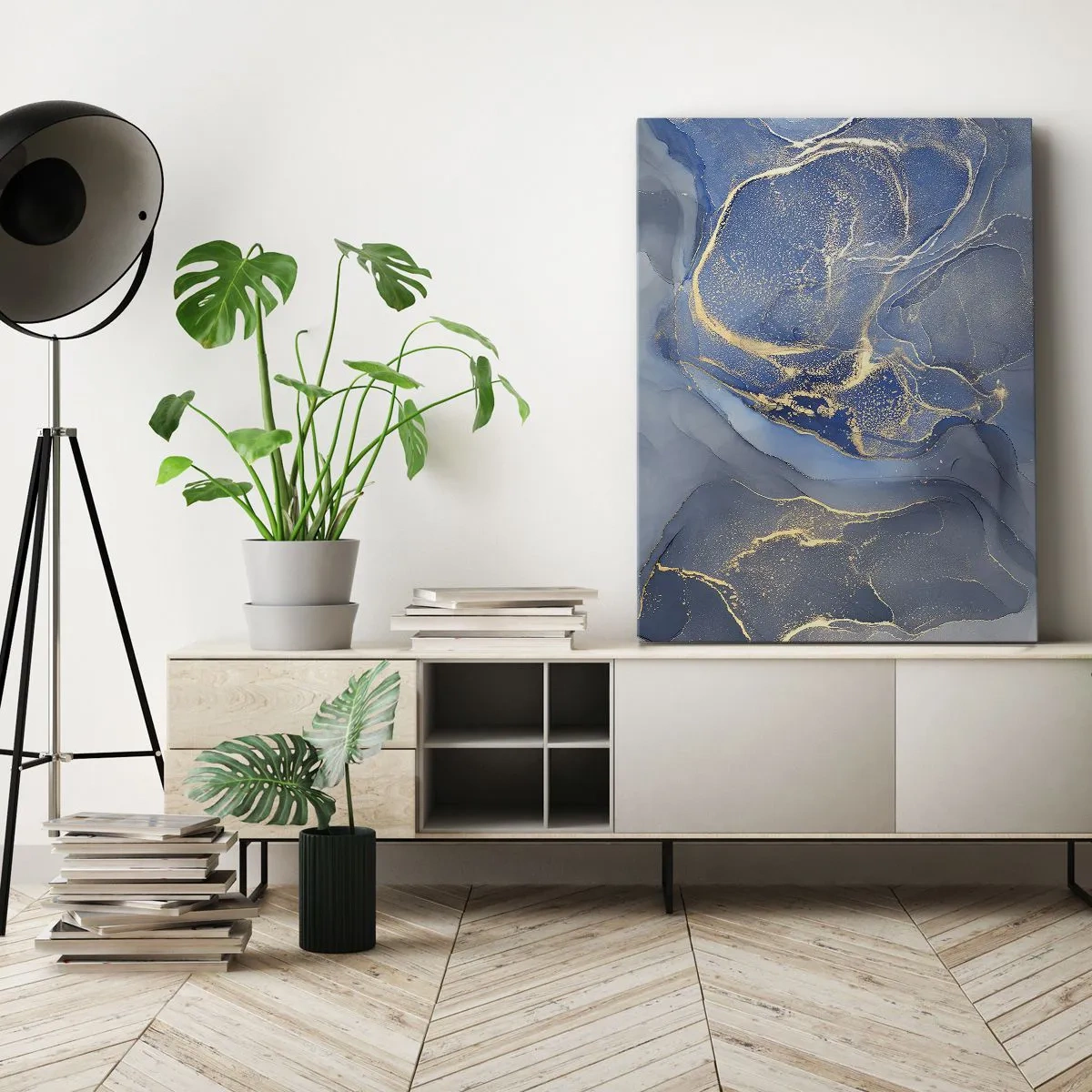 Cuadro sobre lienzo - Impresión de Imagen - Patrones abstractos azules con acentos dorados - 50x70cm - Polvo de oro - Decoración de pared moderna para salón y dormitorio ARTTOR