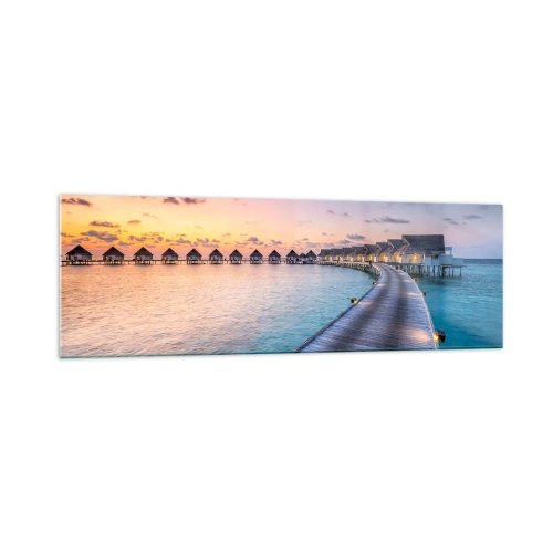 Cuadro sobre vidrio - Impresiones sobre Vidrio - El muelle que conduce a las cabañas frente al mar al atardecer. - 160x50cm - Vacaciones - volver al origen - Decoración de pared moderna para salón y dormitorio ARTTOR