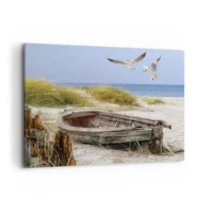 Cuadro sobre lienzo - Impresión de Imagen - Barco abandonado en una playa con gaviotas - 100x70cm - Bañada por el viento - Decoración de pared moderna para salón y dormitorio ARTTOR