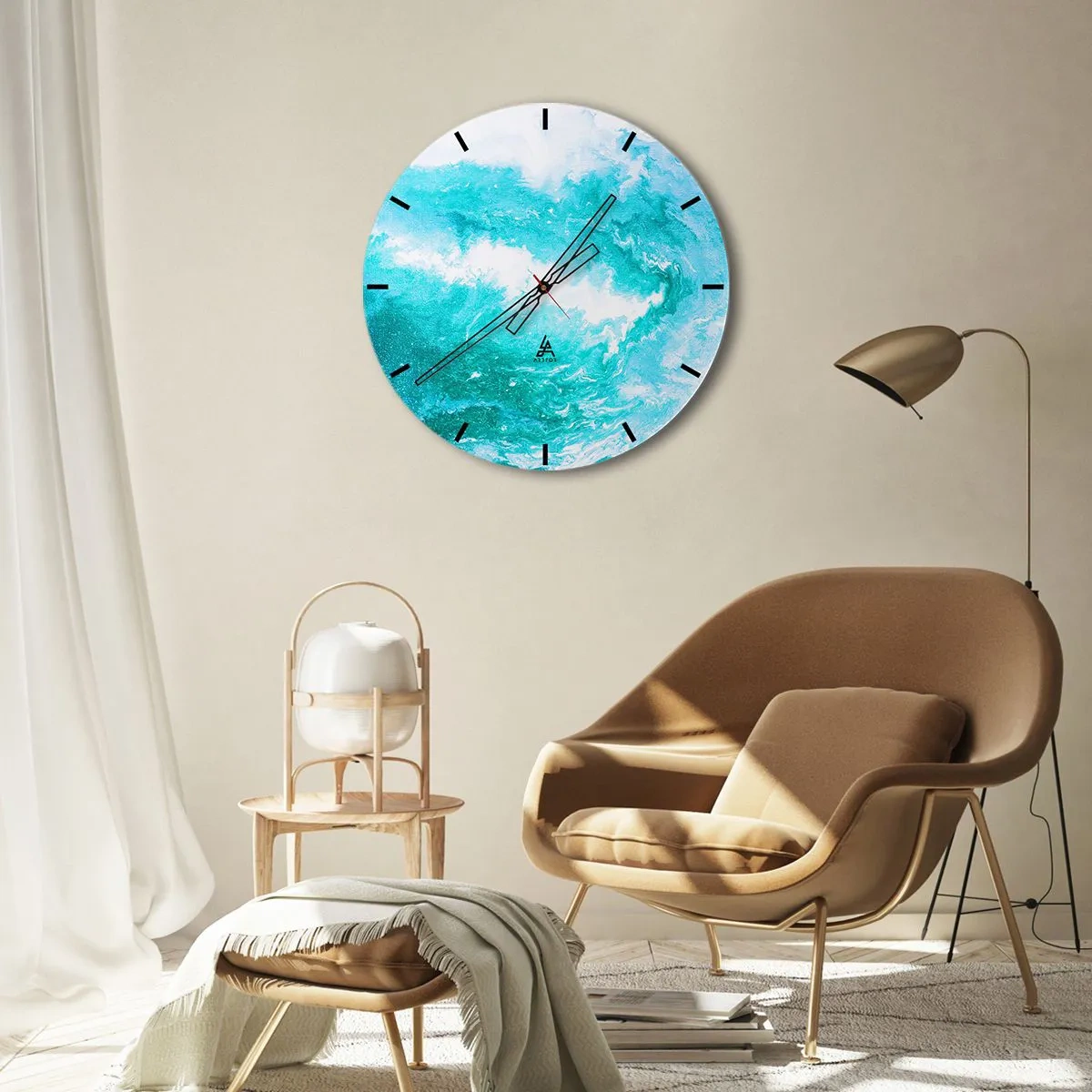 Reloj de pared - Reloj de vidrio - Onda abstracta en tonos azules y turquesas - 30x30cm - En el núcleo del elemento - Decoración de pared moderna para salón, cocina y dormitorio ARTTOR