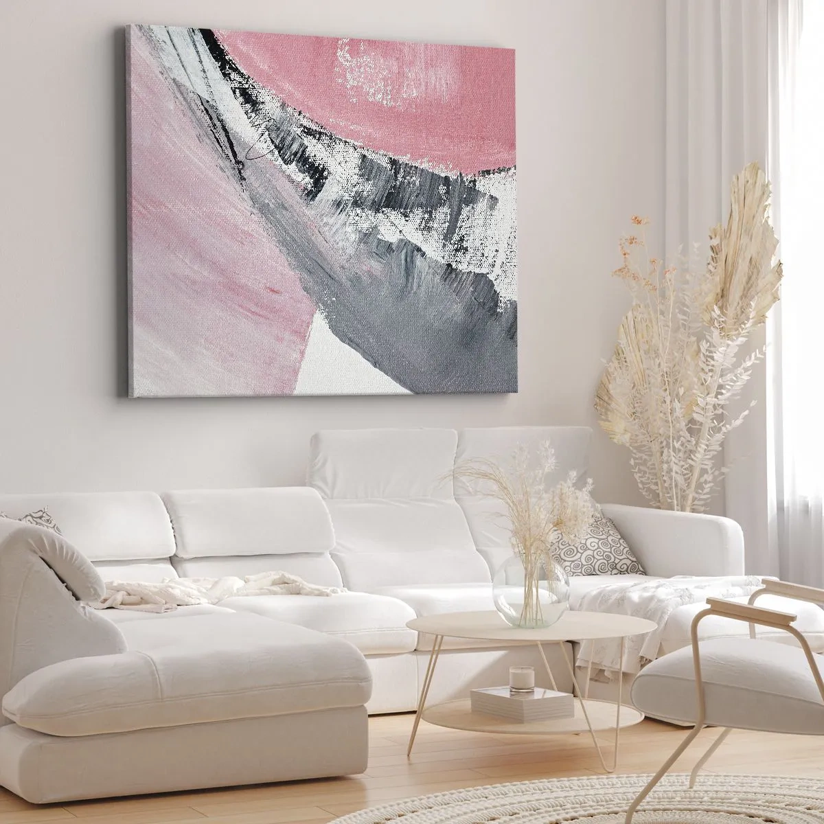 Cuadro sobre lienzo - Impresión de Imagen - Una composición abstracta en tonos rosa y gris. - 70x50cm - Composición a juego - Decoración de pared moderna para salón y dormitorio ARTTOR