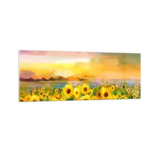 Cuadro sobre vidrio - Impresiones sobre Vidrio - Un campo de girasoles a la luz del sol poniente. - 140x50cm - El propio sol ha bajado a la Tierra - Decoración de pared moderna para salón y dormitorio ARTTOR