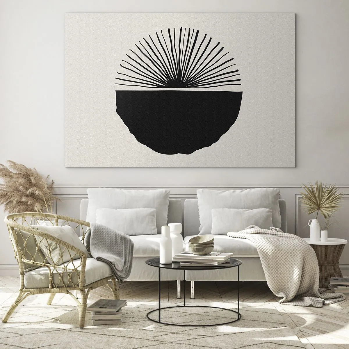 Cuadro sobre vidrio - Impresiones sobre Vidrio - Una forma geométrica negra con un abanico de líneas sobre un fondo crema. - 70x50cm - Un abanico de posibilidades - Decoración de pared moderna para salón y dormitorio ARTTOR