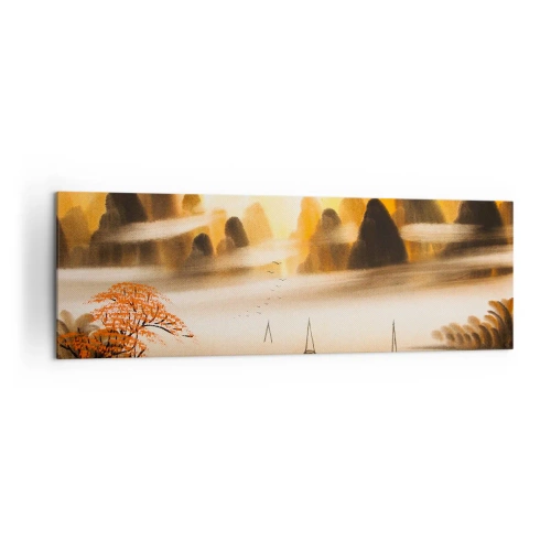 Cuadro sobre lienzo - Impresión de Imagen - Un paisaje oriental con un río, montañas y una suave niebla. - 160x50cm - Más allá del Lejano Oriente - Decoración de pared moderna para salón y dormitorio ARTTOR