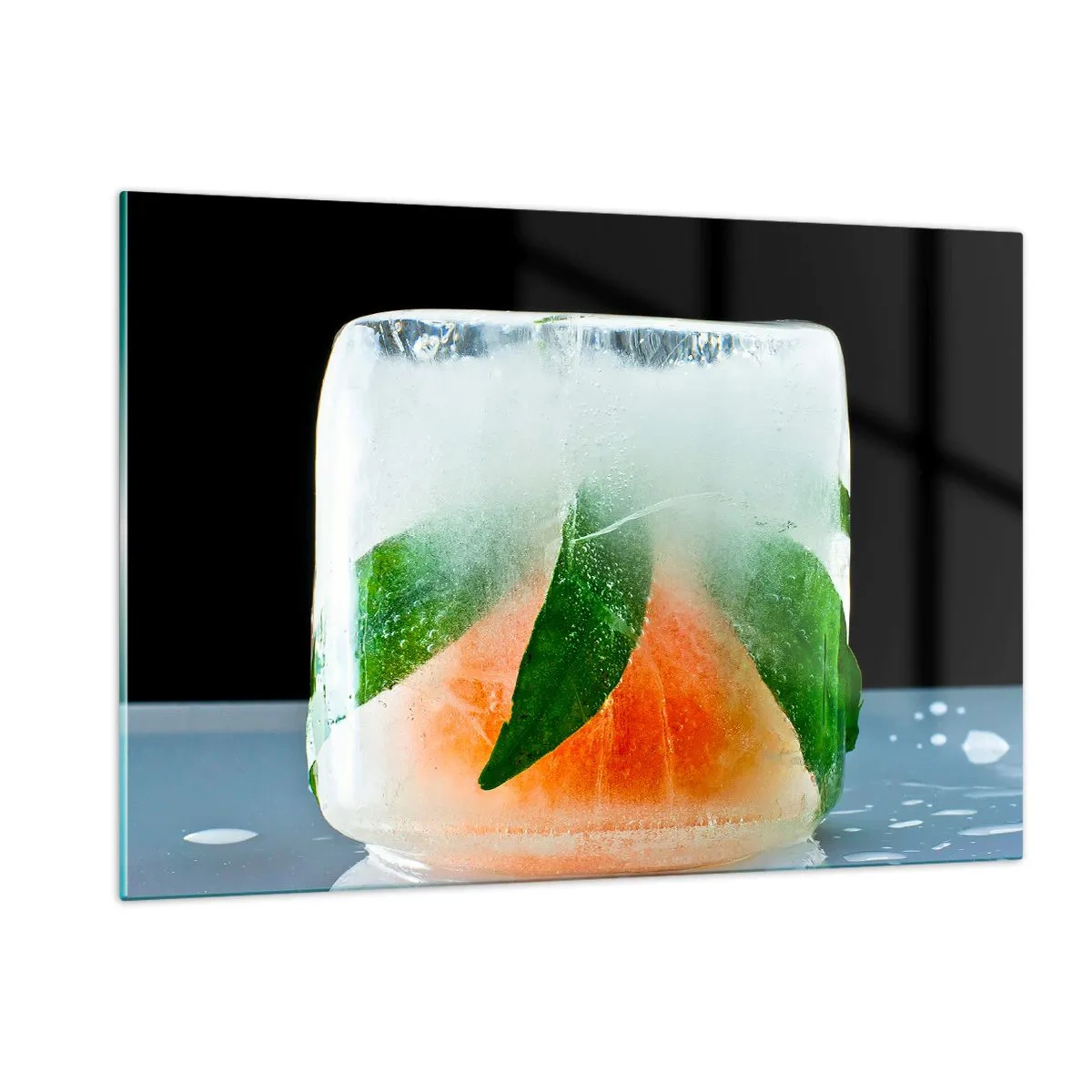 Cuadro sobre vidrio - Impresiones sobre Vidrio - Frutas y hojas congeladas en hielo transparente. - 120x80cm - Frescura - Decoración de pared moderna para salón y dormitorio ARTTOR