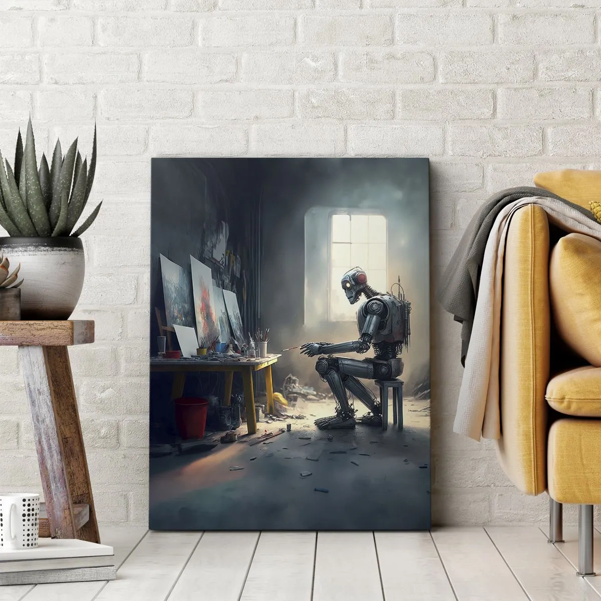 Cuadro sobre lienzo - Impresión de Imagen - Un robot pintando un cuadro en un estudio de arte. - 80x120cm - El acto de creación - Decoración de pared moderna para salón y dormitorio ARTTOR