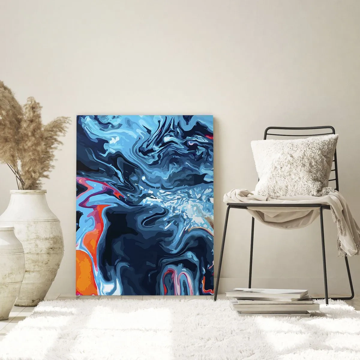 Cuadro sobre vidrio - Impresiones sobre Vidrio - Un patrón abstracto en tonos azules con acentos de rojo y blanco. - 50x70cm - Un viaje al cielo - Decoración de pared moderna para salón y dormitorio ARTTOR