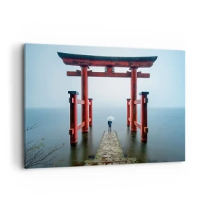 Cuadro sobre lienzo - Impresión de Imagen - Una puerta torii con vistas a un lago tranquilo en Japón - 100x70cm - Ensueño japonés - Decoración de pared moderna para salón y dormitorio ARTTOR