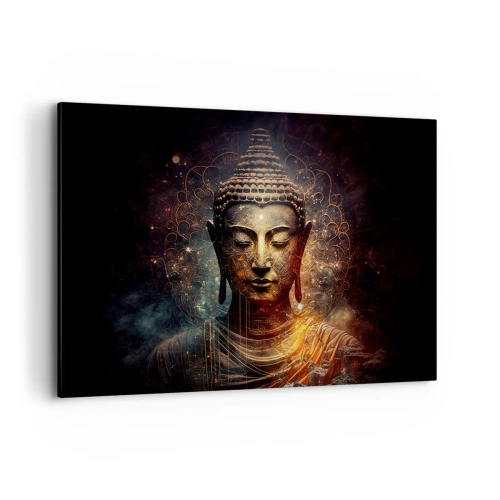 Cuadro sobre lienzo - Impresión de Imagen - Buda dorado sobre un fondo oscuro con adornos. - 120x80cm - Equilibrio espiritual - Decoración de pared moderna para salón y dormitorio ARTTOR