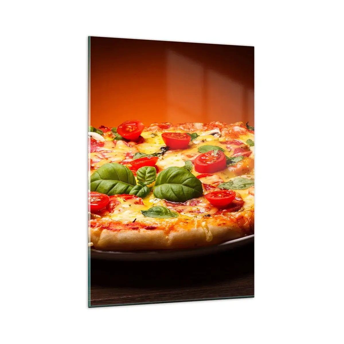 Cuadro sobre vidrio - Impresiones sobre Vidrio - Pizza con tomates y albahaca sobre una mesa de madera. - 80x120cm - ¡Mamma mia! - Decoración de pared moderna para salón y dormitorio ARTTOR