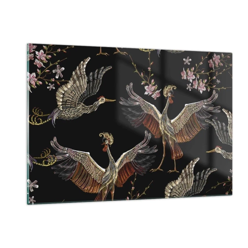 Cuadro sobre vidrio - Impresiones sobre Vidrio - Pájaros en vuelo con flores sobre fondo negro, estilo retro. - 120x80cm - Aves de cuento de hadas - Decoración de pared moderna para salón y dormitorio ARTTOR