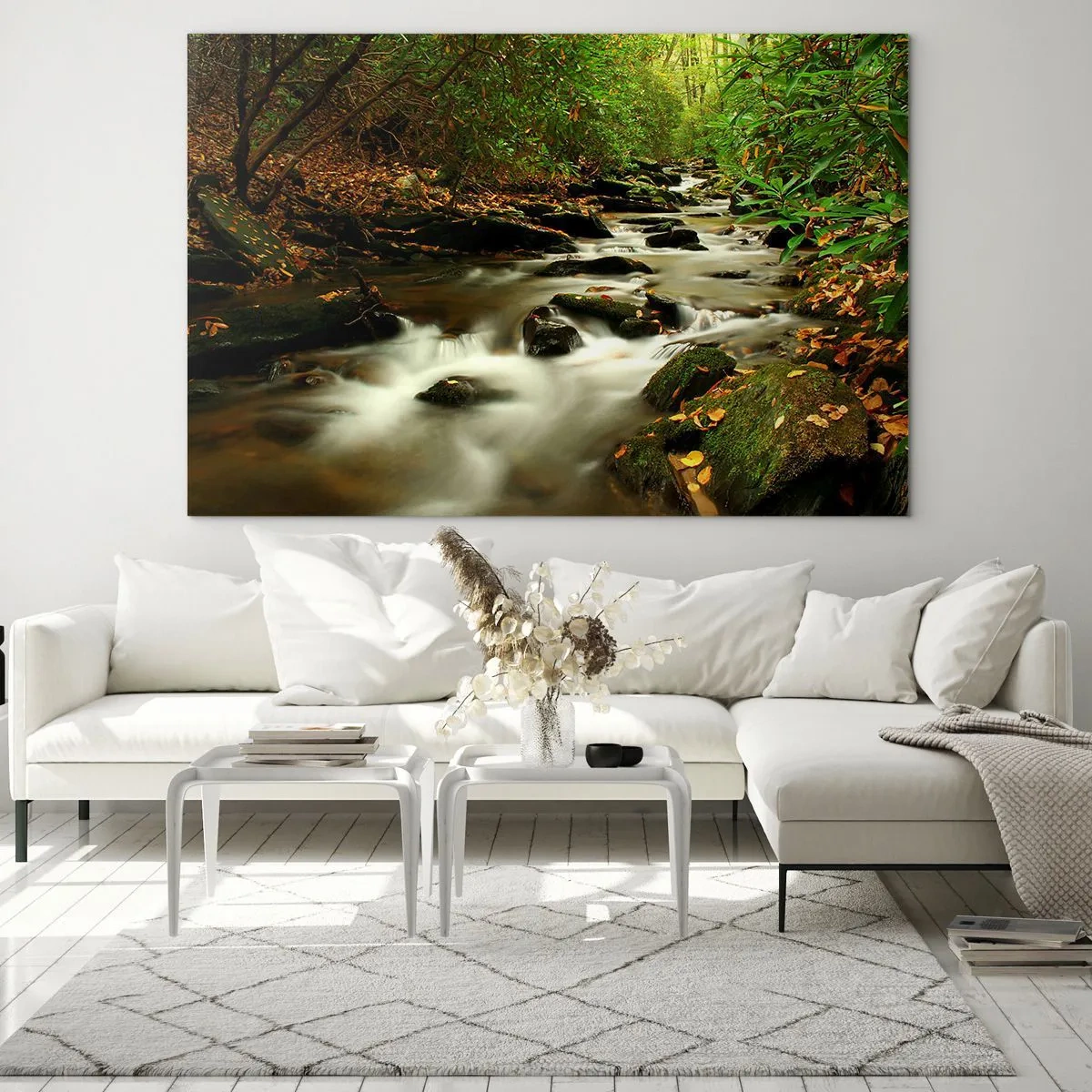Cuadro sobre vidrio - Impresiones sobre Vidrio - Un arroyo en el bosque rodeado de piedras y hojas. - 120x80cm - Como plata líquida - Decoración de pared moderna para salón y dormitorio ARTTOR