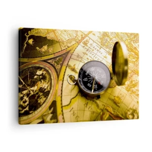 Cuadro sobre lienzo - Impresión de Imagen - Una brújula antigua sobre el fondo de un mapa del viejo mundo. - 70x50cm - ¿Hasta el fin del mundo? - Decoración de pared moderna para salón y dormitorio ARTTOR