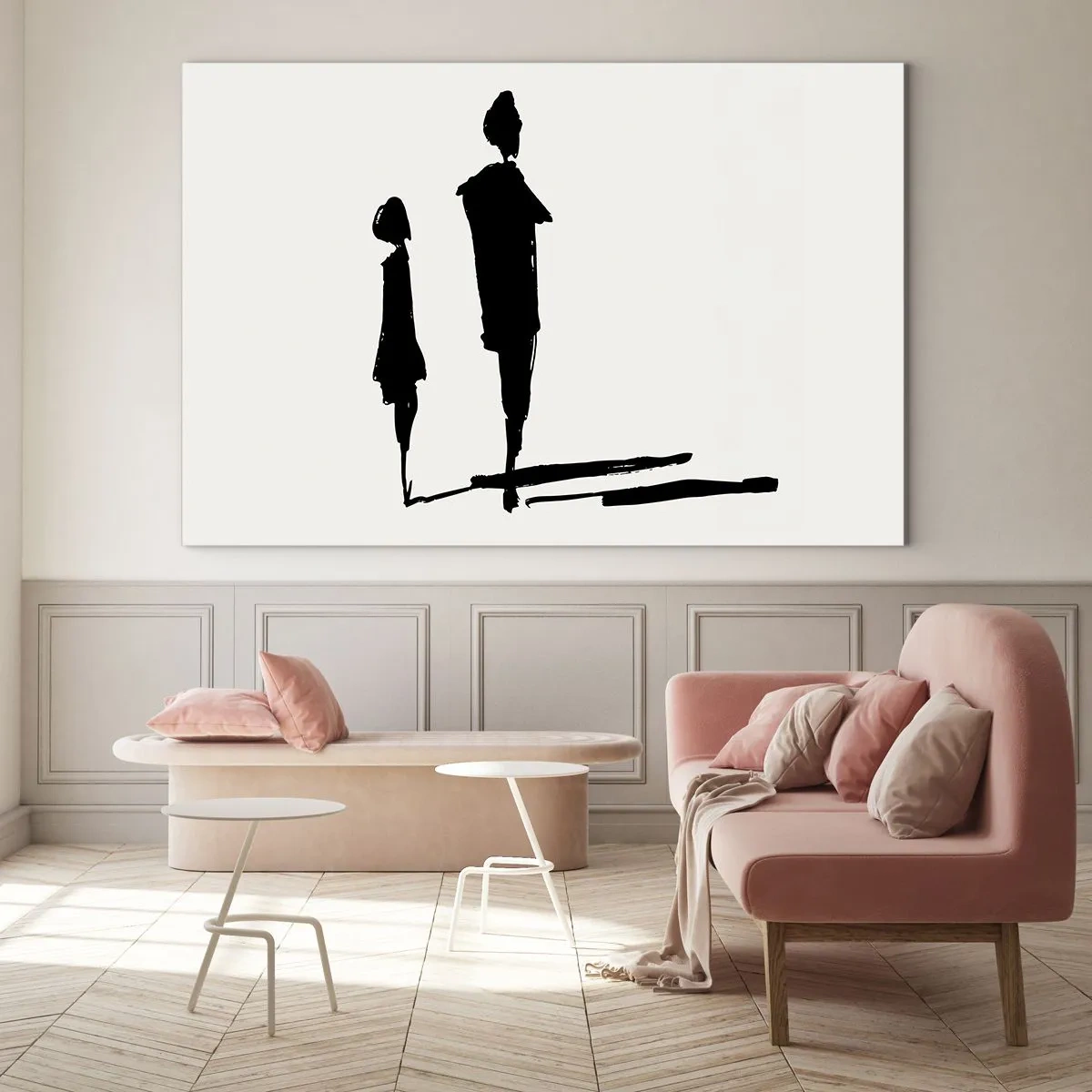 Cuadro sobre vidrio - Impresiones sobre Vidrio - Siluetas negras de dos figuras con sombras sobre un fondo claro - 70x50cm - ¿Seguro que juntos? - Decoración de pared moderna para salón y dormitorio ARTTOR