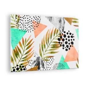 Cuadro sobre vidrio - Impresiones sobre Vidrio - Formas geométricas y hojas en colores pastel. - 70x50cm - Decoración con hojas de palmera - Decoración de pared moderna para salón y dormitorio ARTTOR