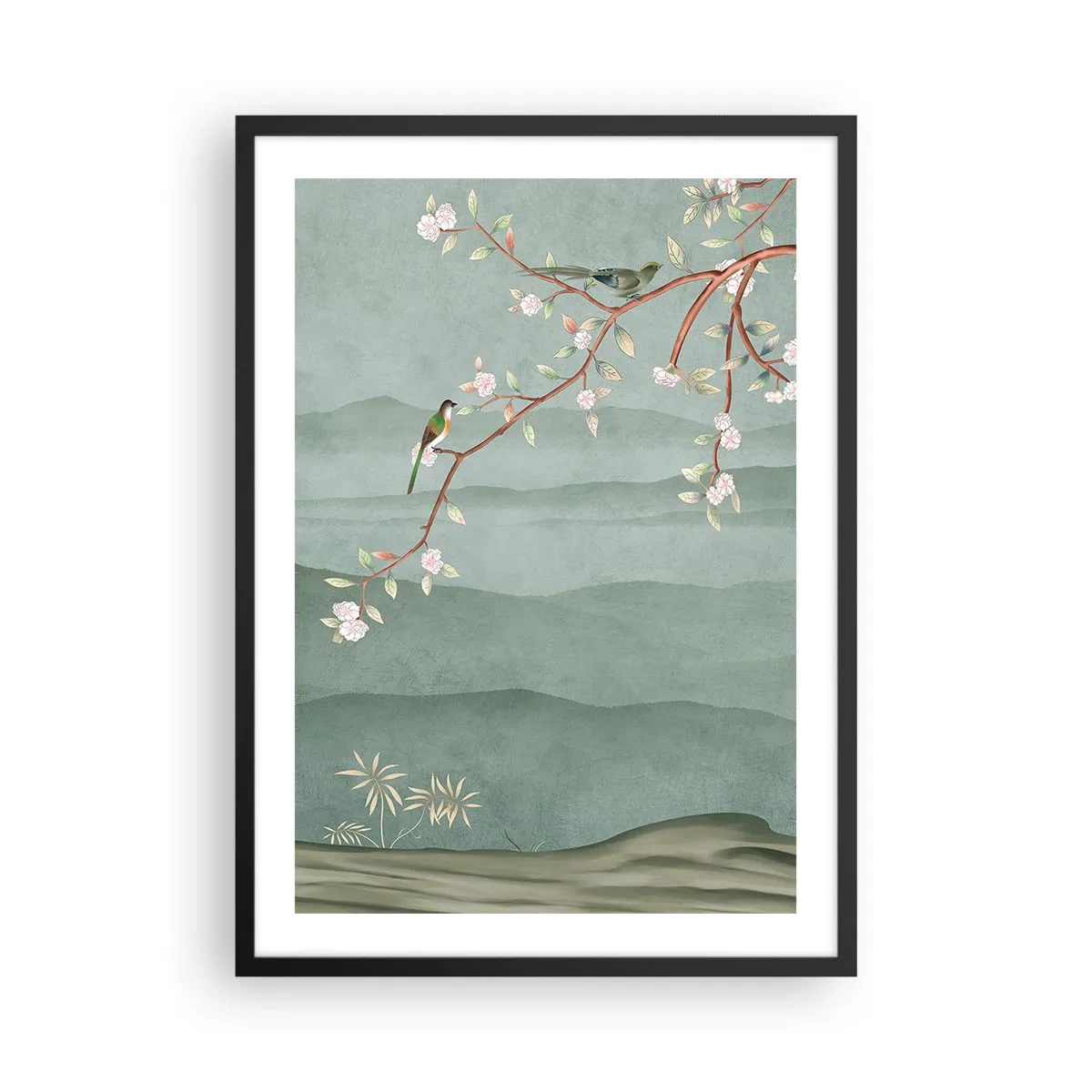 Póster en marco negro - Pájaros en una rama florida con vistas a las colinas. - 50x70cm - Primavera, ah, eres tú - Decoración de pared moderna para salón y dormitorio ARTTOR