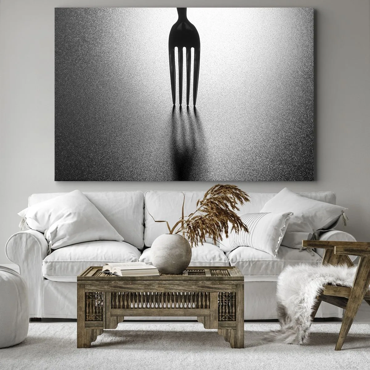 Cuadro sobre lienzo - Impresión de Imagen - Una versión minimalista de un tenedor en blanco y negro con juego de sombras. - 70x50cm - Luz y sombra - Decoración de pared moderna para salón y dormitorio ARTTOR