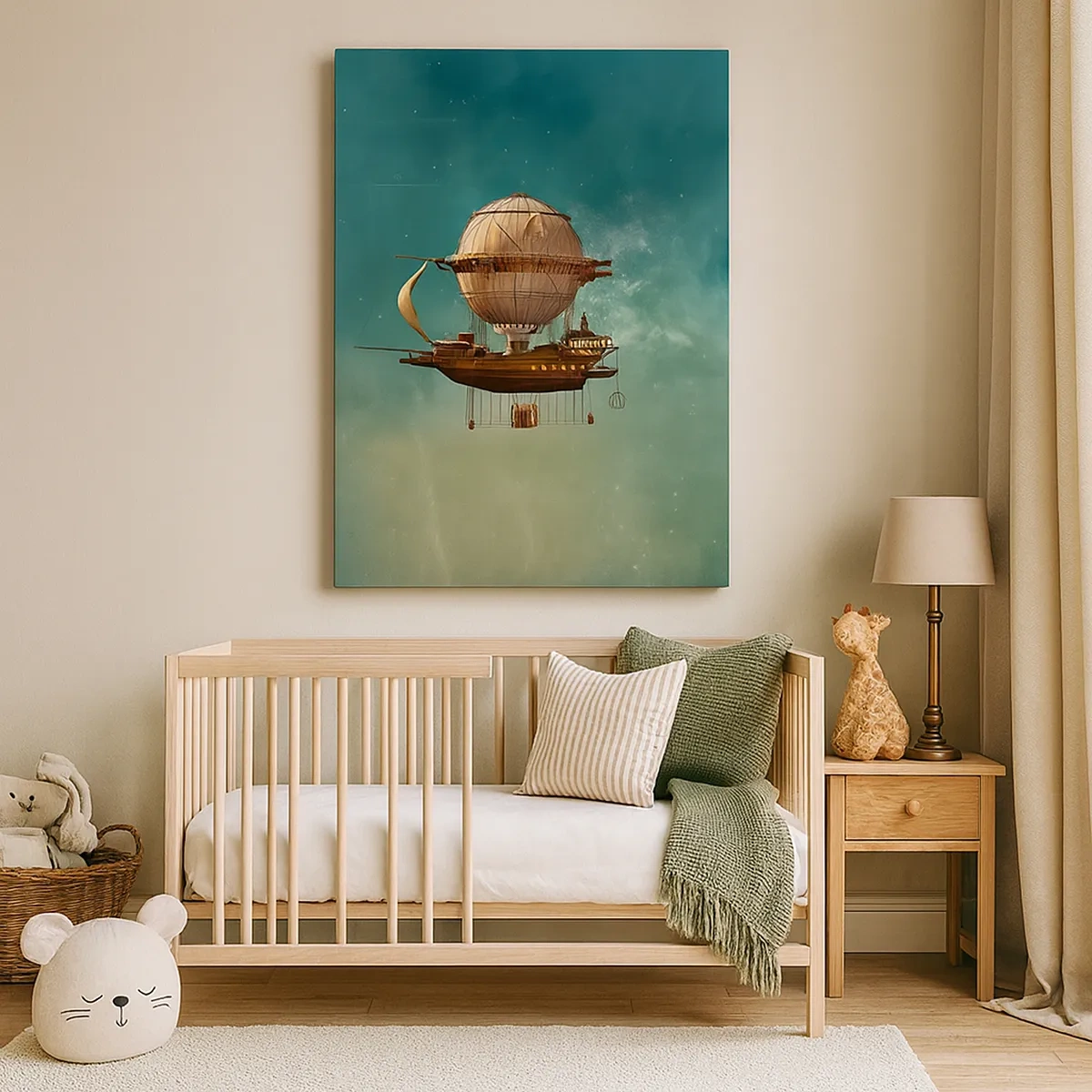 Cuadro sobre lienzo - Impresión de Imagen - Un dirigible fantástico contra el cielo verdoso. - 50x70cm - Julio Verne saluda - Decoración de pared moderna para salón y dormitorio ARTTOR