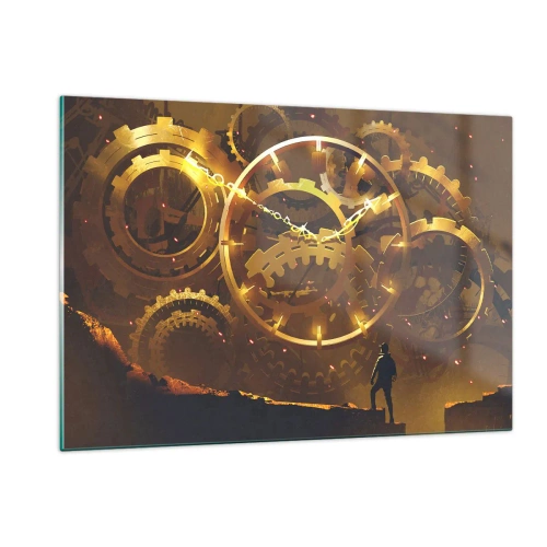 Cuadro sobre vidrio - Impresiones sobre Vidrio - Engranajes steampunk dorados con retroiluminación sobre una silueta humana - 120x80cm - En la fuente del tiempo - Decoración de pared moderna para salón y dormitorio ARTTOR