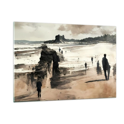 Cuadro sobre vidrio - Impresiones sobre Vidrio - Siluetas caminando por una amplia playa bajo un cielo nublado - 120x80cm - Un sueño evocado - Decoración de pared moderna para salón y dormitorio ARTTOR