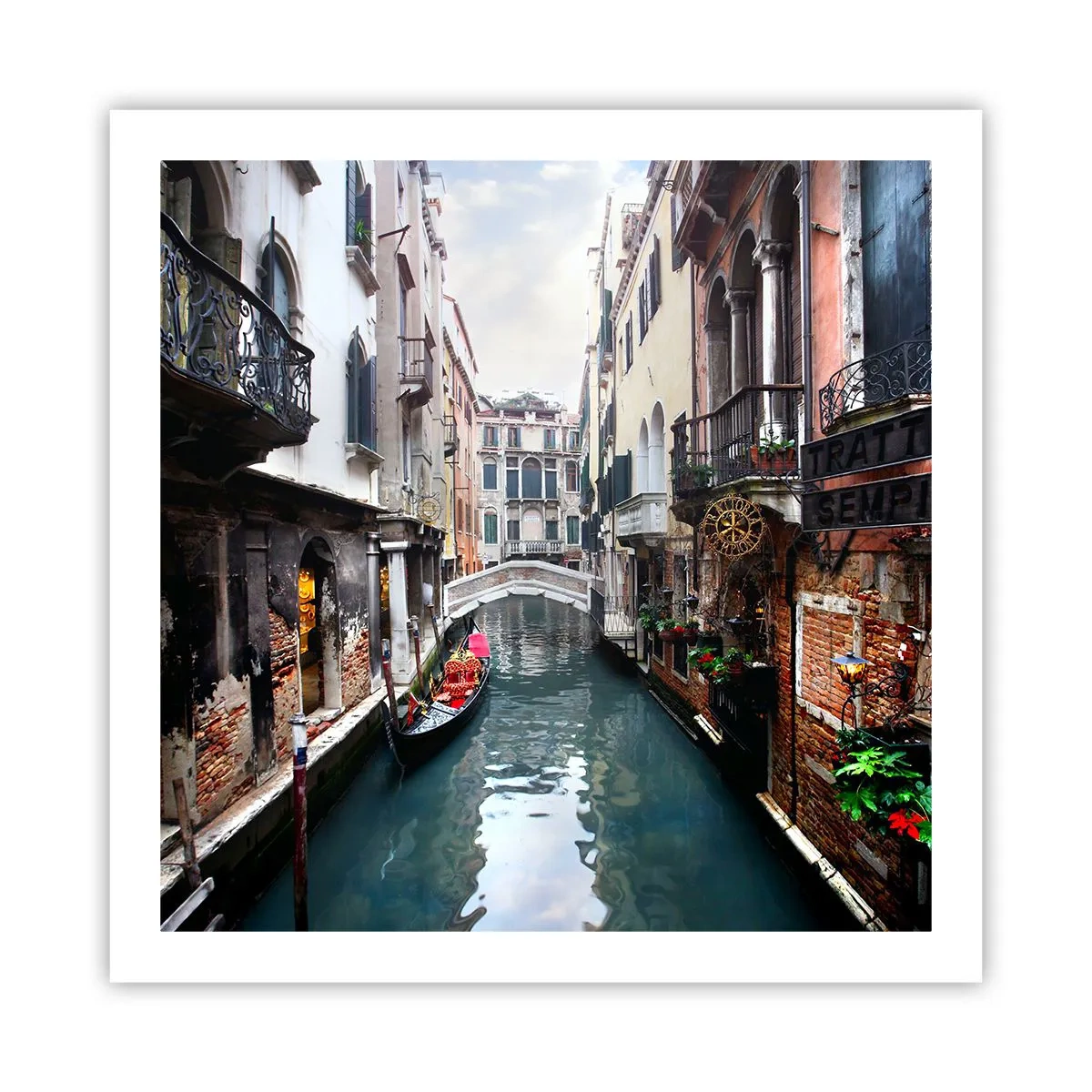 Póster - Paisaje veneciano con góndola y puente - 60x60 cm