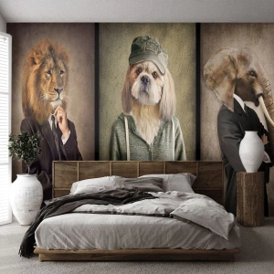 Fotomural Premium Canvas - Retratos estilizados de un león, un perro y un elefante con ropa elegante. - 100x70cm - Prefiero tomármelo con calma - Decoración de pared moderna para salón y dormitorio ARTTOR
