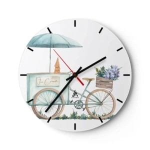 Reloj de pared - Reloj de vidrio - Una bicicleta con helado y flores en acuarela pastel. - 30x30cm - Dulce recuerdo del verano - Decoración de pared moderna para salón, cocina y dormitorio ARTTOR