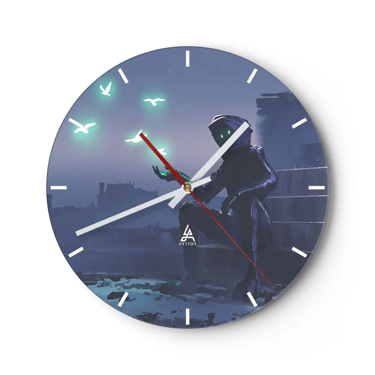 Reloj de pared - Reloj de vidrio - Una figura en la oscuridad con pájaros de neón en el fondo. - 30x30cm - La vida volverá - Decoración de pared moderna para salón, cocina y dormitorio ARTTOR