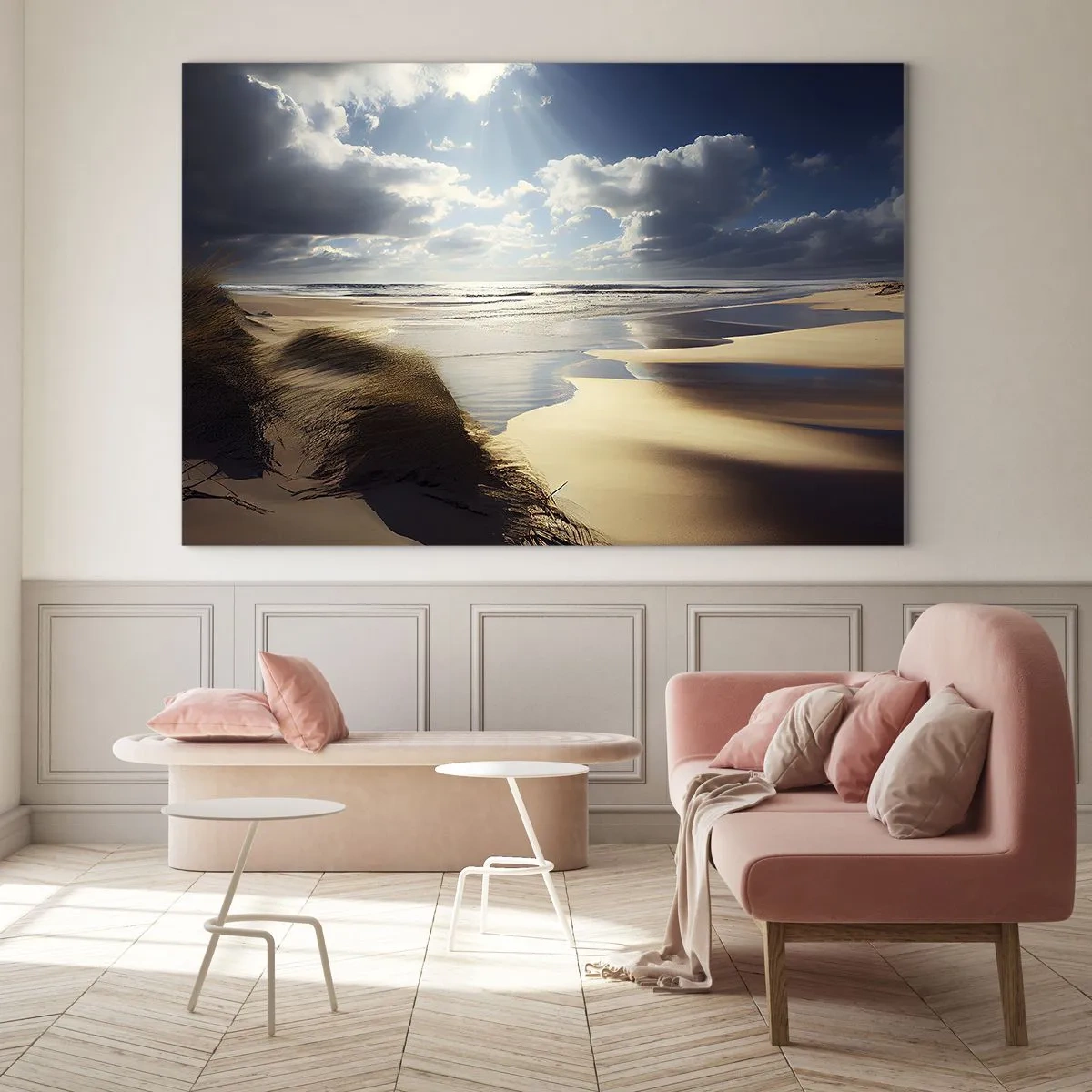 Cuadro sobre vidrio - Impresiones sobre Vidrio - Una playa salvaje iluminada por los rayos del sol debajo de las nubes. - 70x50cm - Playa, playa salvaje - Decoración de pared moderna para salón y dormitorio ARTTOR