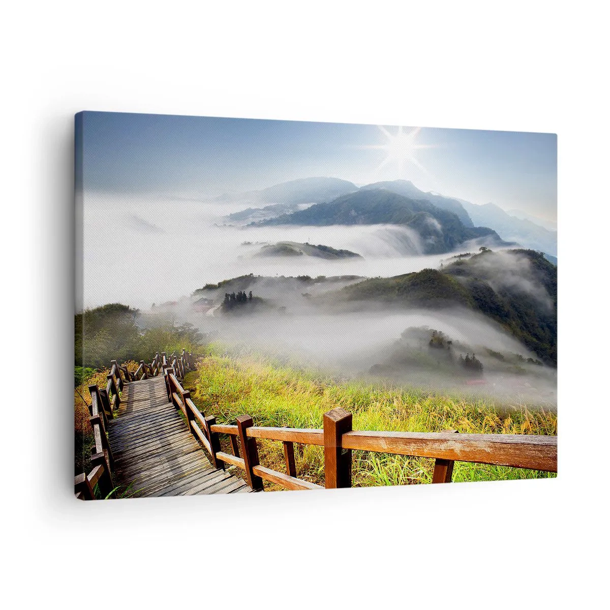 Cuadro sobre lienzo - Impresión de Imagen - Un sendero de madera entre las montañas brumosas por la mañana. - 70x50cm - Tejido de resplandor y niebla - Decoración de pared moderna para salón y dormitorio ARTTOR
