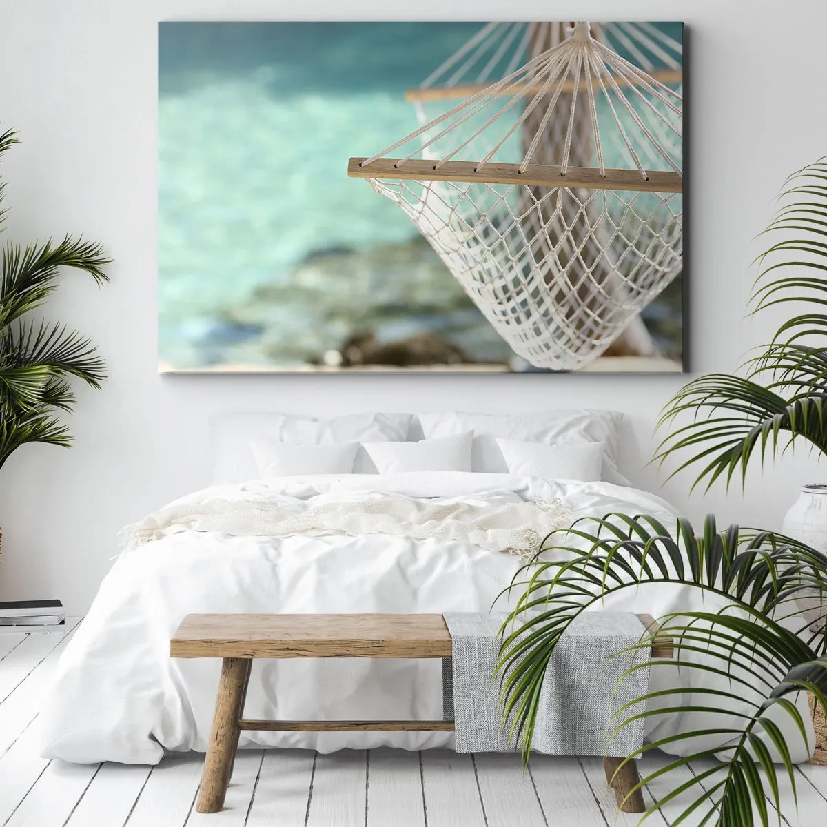 Cuadro sobre lienzo - Impresión de Imagen - Una hamaca con vistas al agua turquesa. - 120x80cm - Momento de relax - Decoración de pared moderna para salón y dormitorio ARTTOR