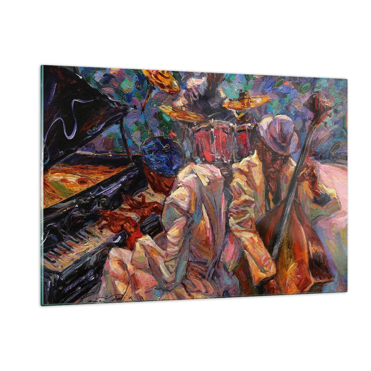 Cuadro sobre vidrio - Impresiones sobre Vidrio - Un colorido escenario de jazz con músicos e instrumentos. - 120x80cm - En un ritmo mágico - Decoración de pared moderna para salón y dormitorio ARTTOR