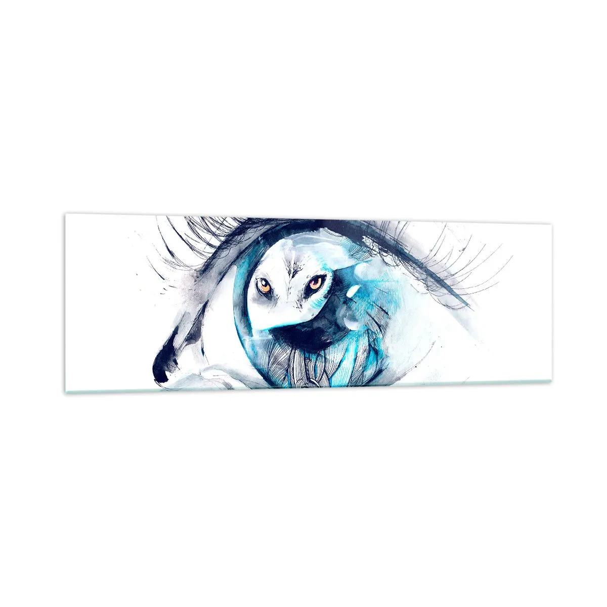 Cuadro sobre vidrio - Impresiones sobre Vidrio - Un ojo con la imagen de un búho en tonos de acuarela azul. - 160x50cm - Ojo con la naturaleza - Decoración de pared moderna para salón y dormitorio ARTTOR