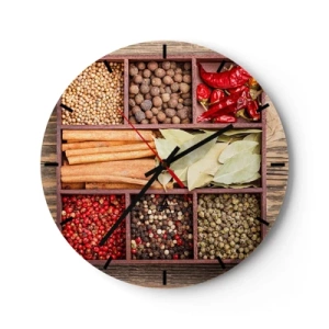 Reloj de pared - Reloj de vidrio - Especias en compartimentos de madera - 30x30cm - Orden de formas, composición de aromas - Decoración de pared moderna para salón, cocina y dormitorio ARTTOR
