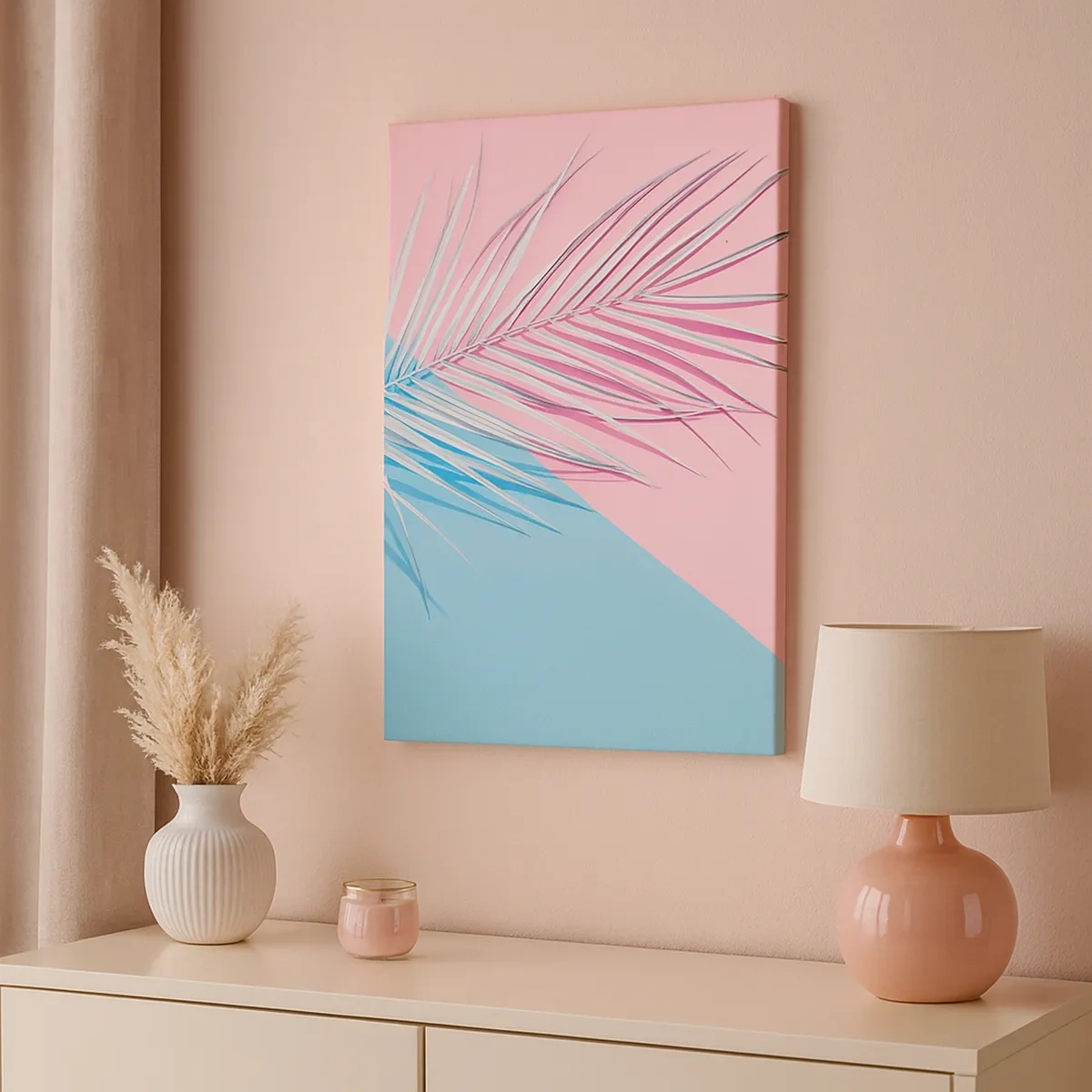Cuadro sobre lienzo - Impresión de Imagen - Hoja tropical sobre un fondo de tonos pastel de rosa y azul. - 50x70cm - Impresión tropical - Decoración de pared moderna para salón y dormitorio ARTTOR
