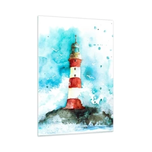 Cuadro sobre vidrio - Impresiones sobre Vidrio - Un faro rodeado de olas del mar en estilo acuarela. - 50x70cm - La unidad de los elementos - Decoración de pared moderna para salón y dormitorio ARTTOR