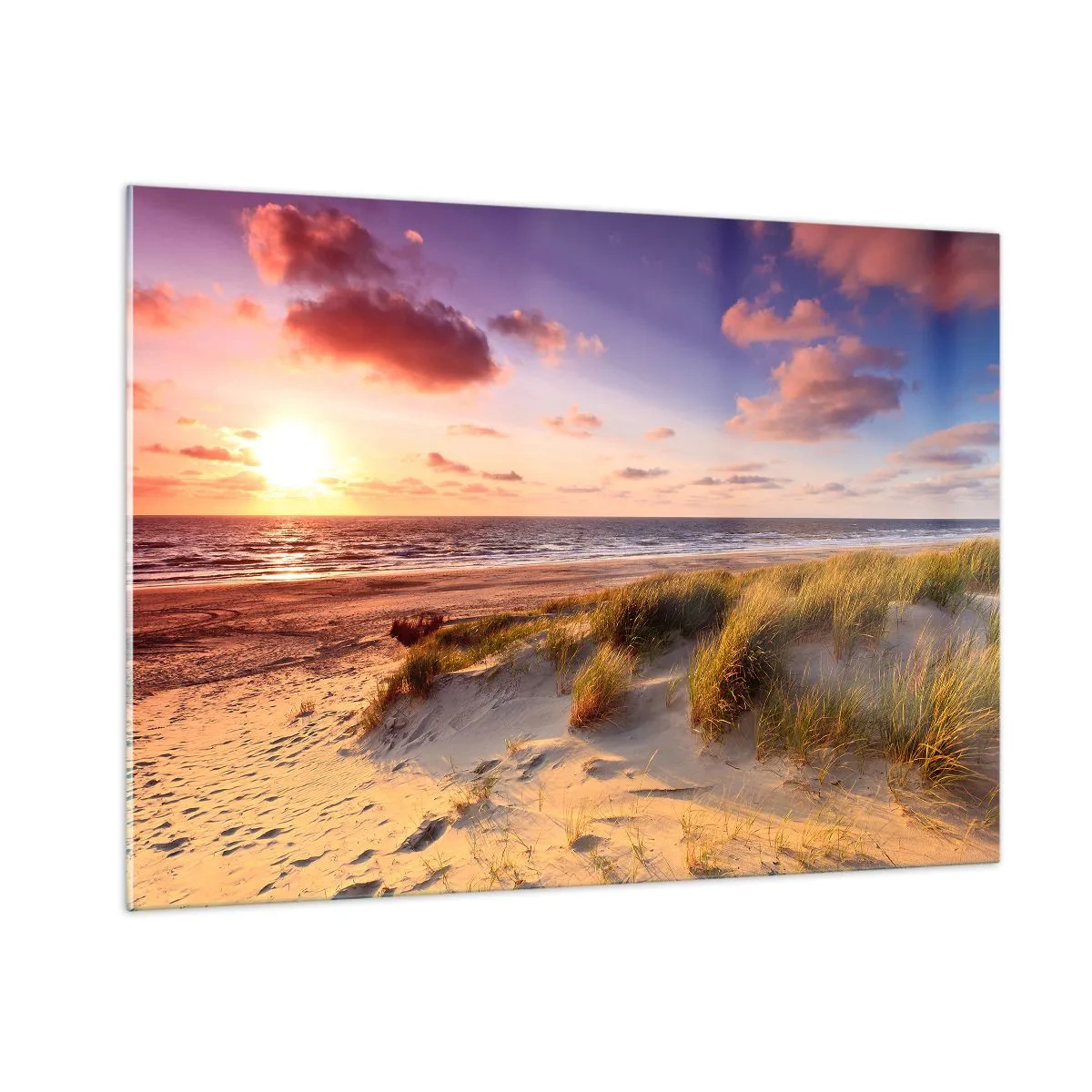 Cuadro sobre vidrio - Impresiones sobre Vidrio - Playa con dunas al atardecer - 100x70cm - Se siente la brisa veraniega - Decoración de pared moderna para salón y dormitorio ARTTOR