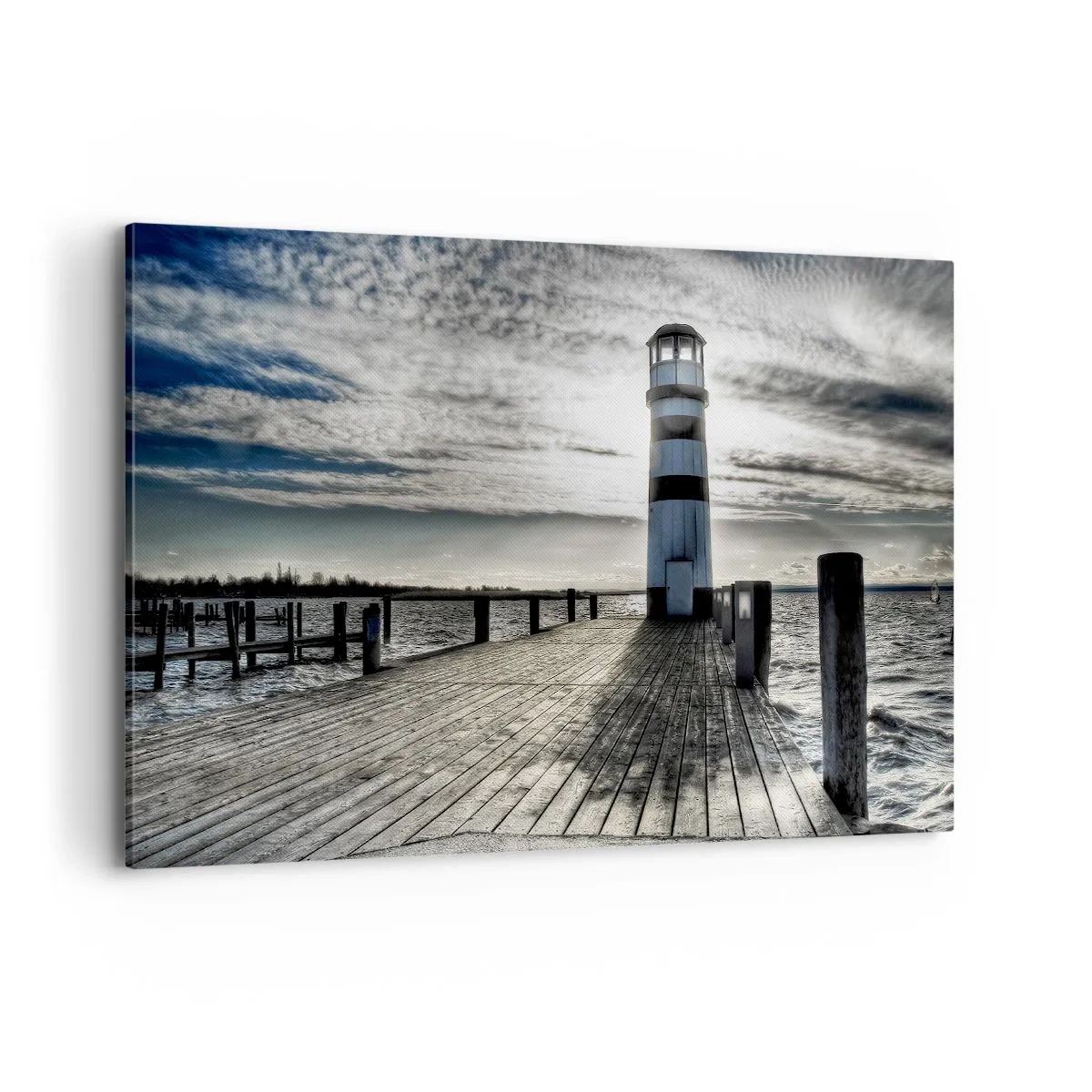 Cuadro sobre lienzo - Impresión de Imagen - Faro en un muelle de madera con vistas al mar. - 120x80cm - Marineros, aquí os espero - Decoración de pared moderna para salón y dormitorio ARTTOR