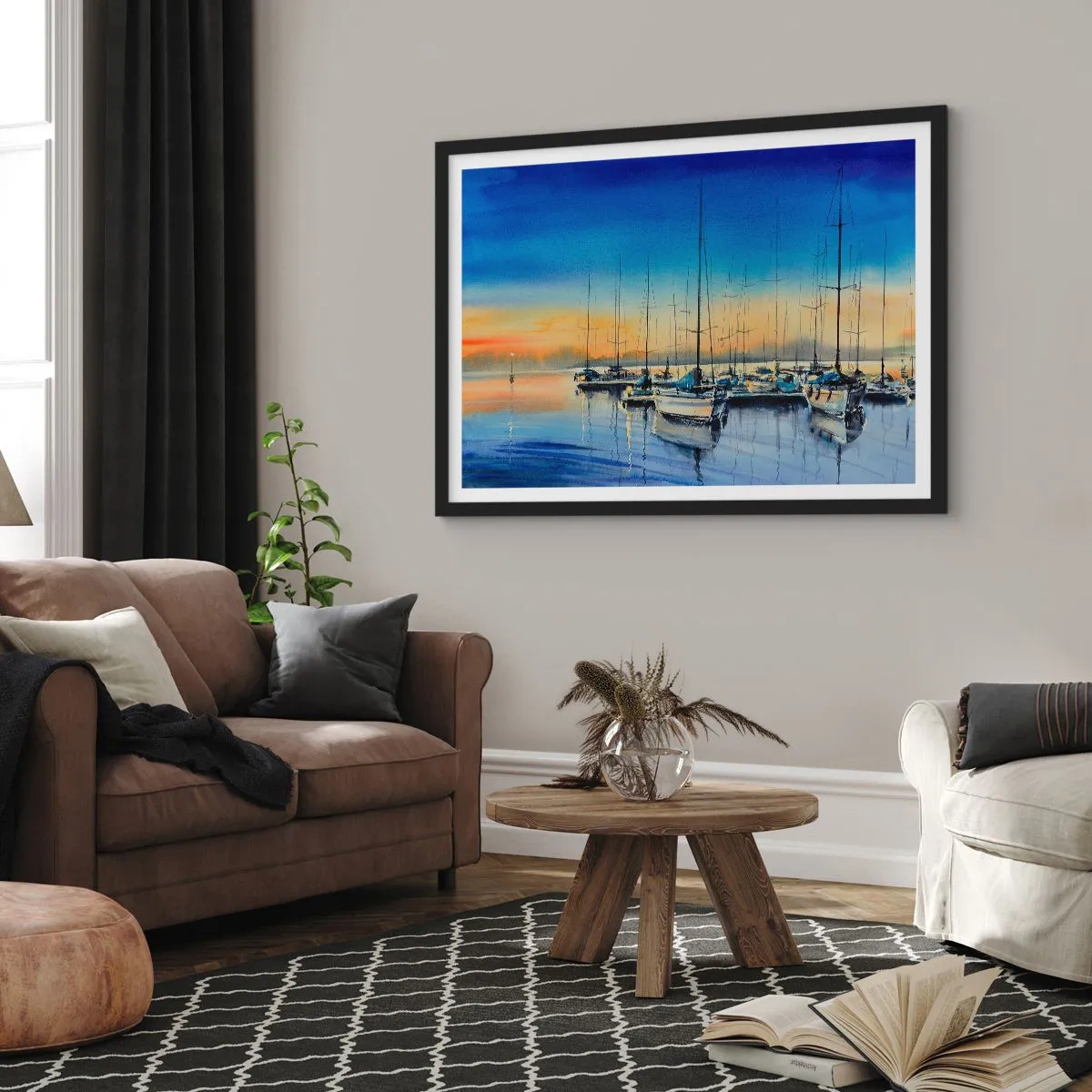 Póster en marco negro - Puerto de yates al atardecer con reflejos en el agua - 100x70cm - El final de un buen día - Decoración de pared moderna para salón y dormitorio ARTTOR