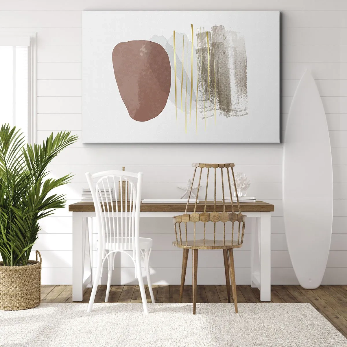 Cuadro sobre lienzo - Impresión de Imagen - Composición abstracta en tonos beige y dorados. - 70x50cm - Una columnata abstracta - Decoración de pared moderna para salón y dormitorio ARTTOR