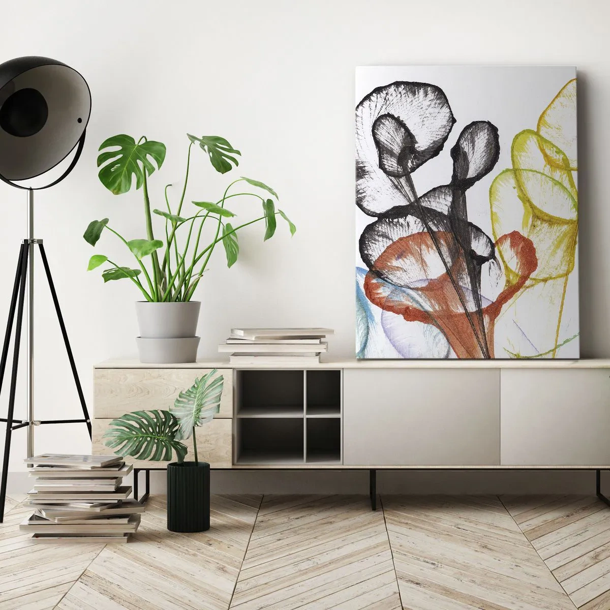 Cuadro sobre lienzo - Impresión de Imagen - Flores transparentes de colores sobre un fondo blanco. - 50x70cm - Flores con alma - Decoración de pared moderna para salón y dormitorio ARTTOR