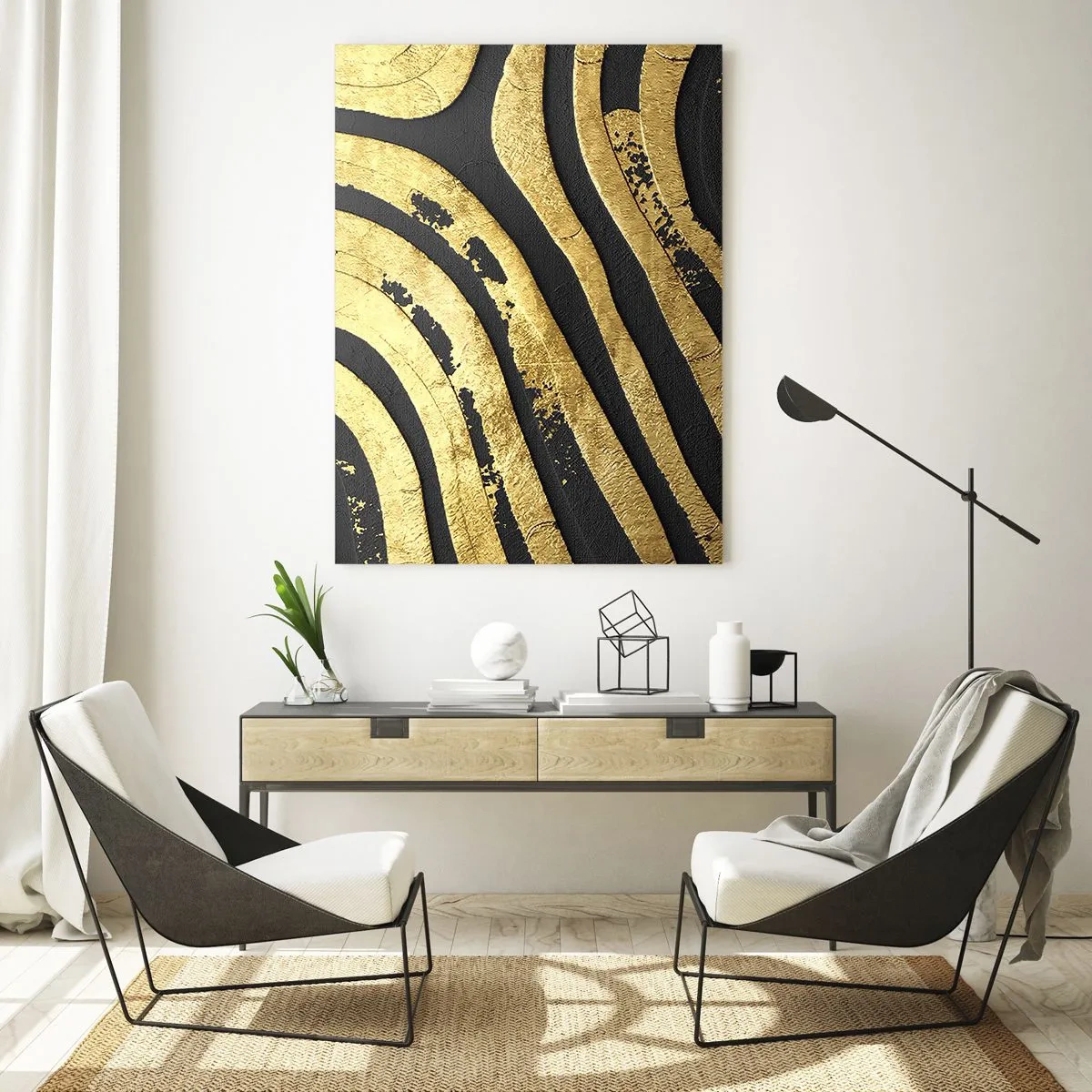Cuadro sobre vidrio - Impresiones sobre Vidrio - Líneas abstractas doradas sobre un fondo negro en un estilo glamoroso. - 50x70cm - Todo fluye - Decoración de pared moderna para salón y dormitorio ARTTOR