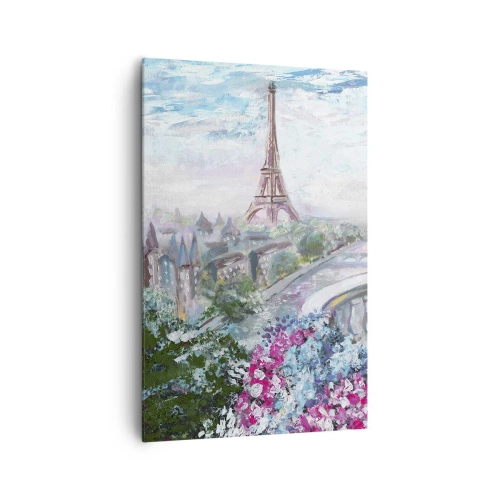 Cuadro sobre lienzo - Impresión de Imagen - Una vista romántica de París con la Torre Eiffel y un balcón lleno de flores. - 80x120cm - Mayo mágico en París - Decoración de pared moderna para salón y dormitorio ARTTOR