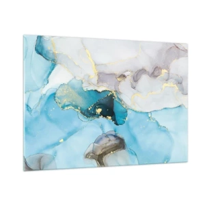 Cuadro sobre vidrio - Impresiones sobre Vidrio - Ondas turquesas y grises con acentos dorados. - 100x70cm - Un estudio del encuentro entre el gris y el turquesa - Decoración de pared moderna para salón y dormitorio ARTTOR
