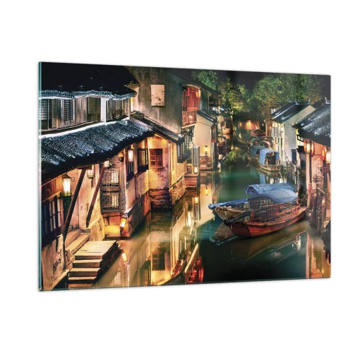 Cuadro sobre vidrio - Impresiones sobre Vidrio - Calle china de noche con barcos y luces a lo largo del canal. - 120x80cm - Noche en una calle china - Decoración de pared moderna para salón y dormitorio ARTTOR
