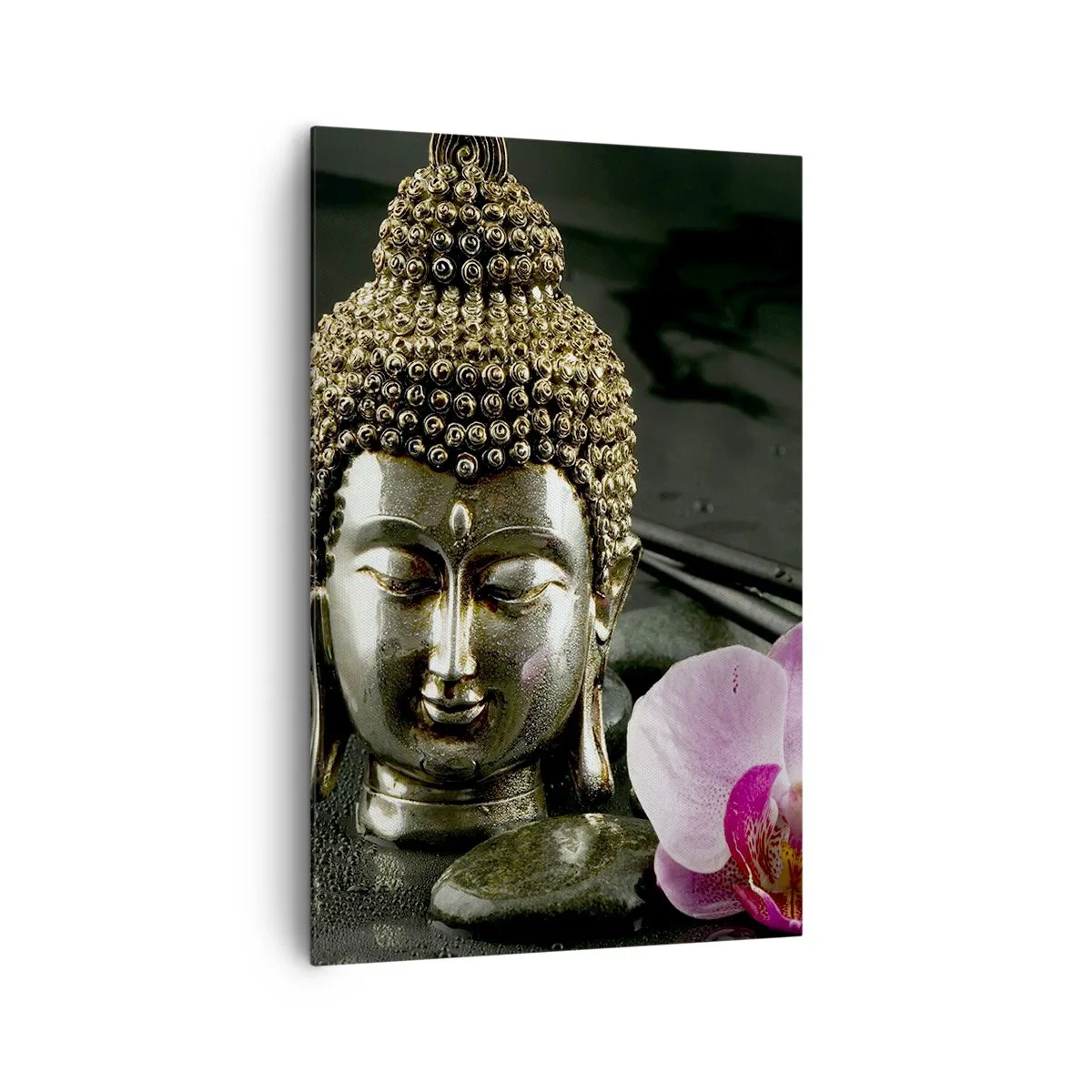 Cuadro sobre lienzo - Impresión de Imagen - Una estatuilla de Buda con una orquídea y palillos sobre un fondo de piedras. - 80x120cm - La armonía de la sabiduría y la belleza - Decoración de pared moderna para salón y dormitorio ARTTOR