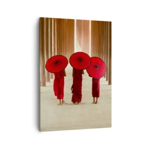 Cuadro sobre lienzo - Impresión de Imagen - Tres monjes con paraguas rojos en la arquitectura tradicional - 50x70cm - En el camino a la Tierra Pura - Decoración de pared moderna para salón y dormitorio ARTTOR