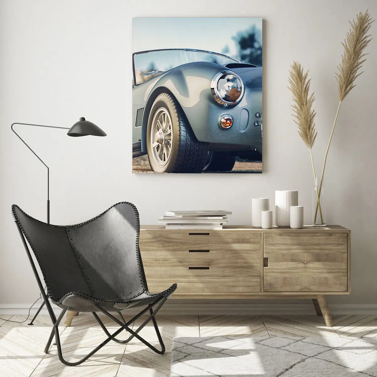 Cuadro sobre vidrio - Impresiones sobre Vidrio - Un coche deportivo con montañas al fondo. - 50x70cm - Porque el estilo importa - Decoración de pared moderna para salón y dormitorio ARTTOR