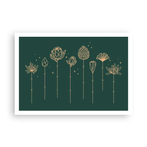 Póster - Dibujos dorados de hierbas sobre un fondo verde oscuro. - 100x70cm - La familia vegetal - Decoración de pared moderna para salón y dormitorio ARTTOR